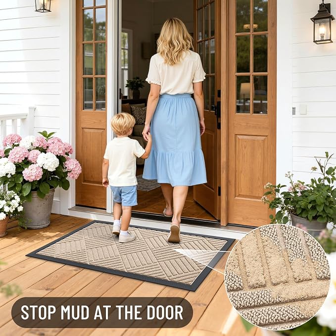 OLANLY Front Door Mat Outside Entrance 29.5x17, Absorbent, Heavy Duty Sturdy Natural Rubber Doormat Indoor Outdoor, Stain Fade Resistant, Non-Slip Low Profile Floor Mat Entryway, Latte White Diamond
