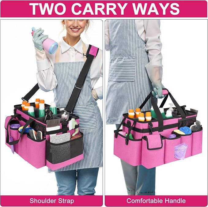Cleaning Caddy Bag,Extra Large Cleaning Supplies Organizer with Handle for Housekeepers,Rose Red