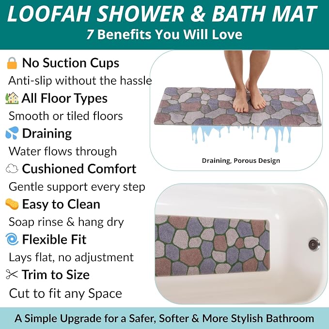 Non Slip Bathtub Mat Shower Mat for Tub - Loofah Bath Mats for Bathroom - 40x16 Bathtub Floor Mat - Textured Anti Slip Bath Mat Without Suction Cups - Secure Mat for Wet Areas (40x16 Stone Path)