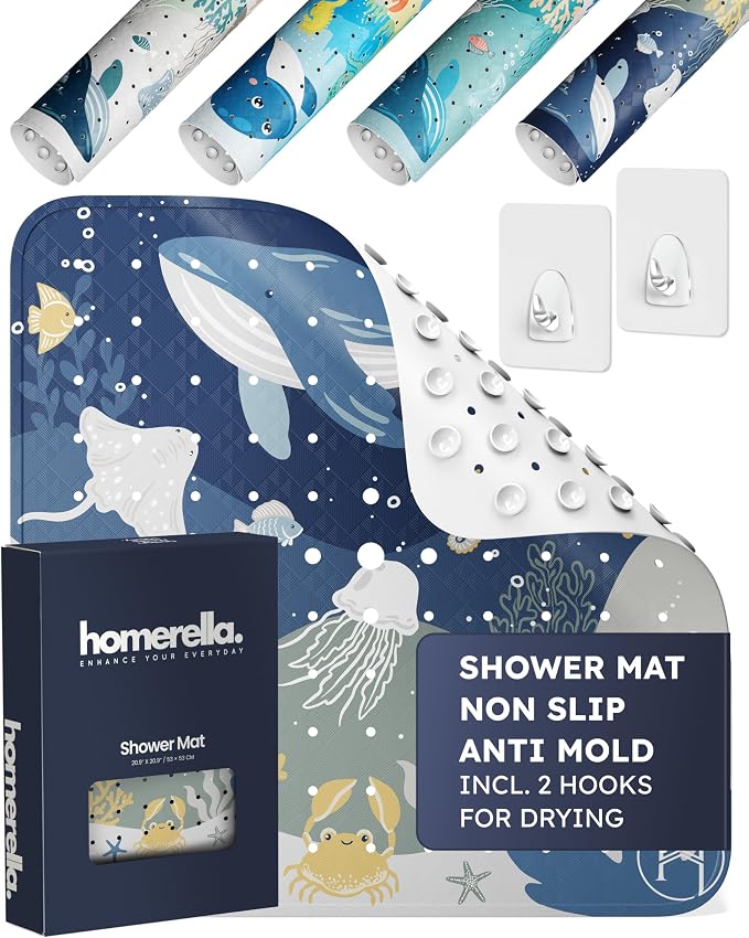 homerella® Shower Mat Non Slip Anti Mold, Non Slip Shower Mats for Inside Shower Stall Anti Slip Mat, Square Shower Floor Mat 21 x 21 in with Suction Cups & Hooks for Quick Drying, Machine Washable