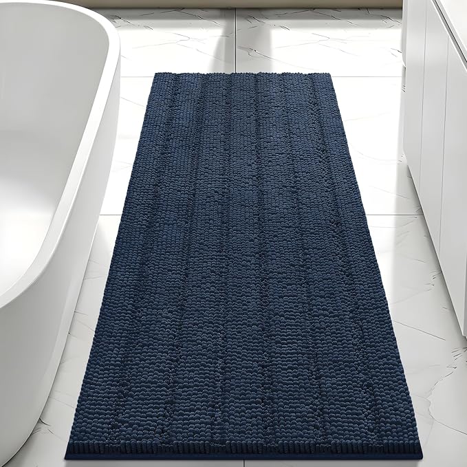 Bcoimo Long Bathroom Rug, Chenille Bath Runner with High Low Pile Design, Soft Absorbent Non Slip Bath Mat, Machine Washable Quick Dry Rug for Shower, Tub, Sink and Vanity