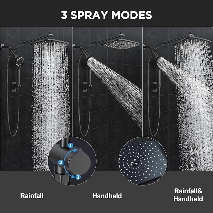 Veken 11.8" Rain Shower Head with Handheld, High Pressure Handheld Shower Heads with Multi Spray Modes, Rainfall Combo with 15" Metal Extension Arm,Detachable Dual Shower, Long 6 ft. Hose,Matte Black