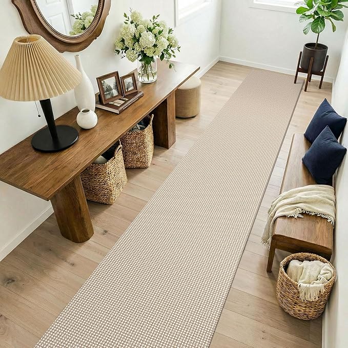 KOZYFLY Cotton 2x14 Runners Rugs for Hallway, Long Washable Runner Rug, Woven Non Slip Kitchen Runner, Flatweave Entryway Rug, Floor Carpet for Entry, Aisle, Hall, Ivory/Camel/Brown