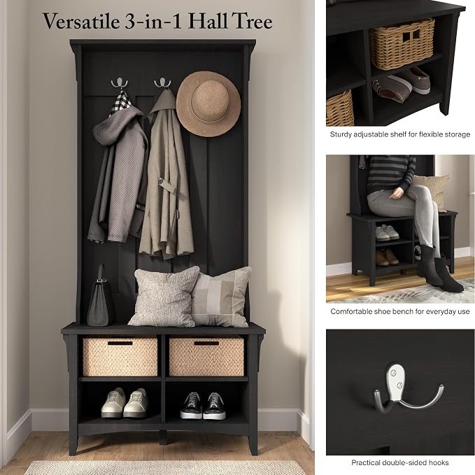 Bush Home Salinas Hall Tree with Shoe Storage Bench in Vintage Black, Multi-Purpose Home Organizer, Entryway Solution with Seating and Hooks