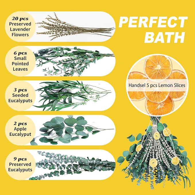 5 Kinds Mixed PCS Dried Eucalyptus & Lavender Flowers Bundle for Shower, 40 PCS 15''-17''Natural Real Fresh Preserved Eucalyptus Leaves and Lemon Shower Hanging Plants, Home Bathroom Decor, Fragrance