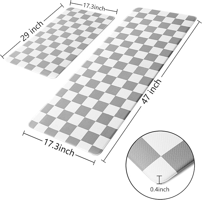 Grey Checkered Grid Checkerboard Kitchen Rug Sets [2 PCs], Anti-Fatigue, Waterproof Non-Slip Kitchen Mats Heavy Duty Ergonomic Comfort Foam Rug for Floor, Home, Laundry,17"x29"+17"x47"