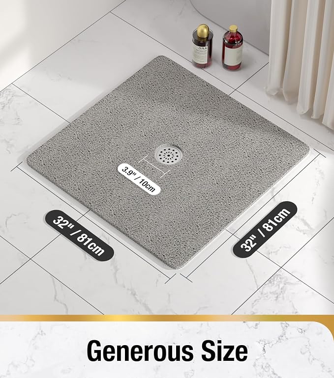 HITSLAM Square Shower Mat, 32 x 32 Inch Non Slip Bath Mat for Tub, Soft PVC Loofah Bathtub Mats with Drain Holes, Quick Drying Bathroom Stall Floor Mat, Bathroom Accessories Without Suction Cup, Grey