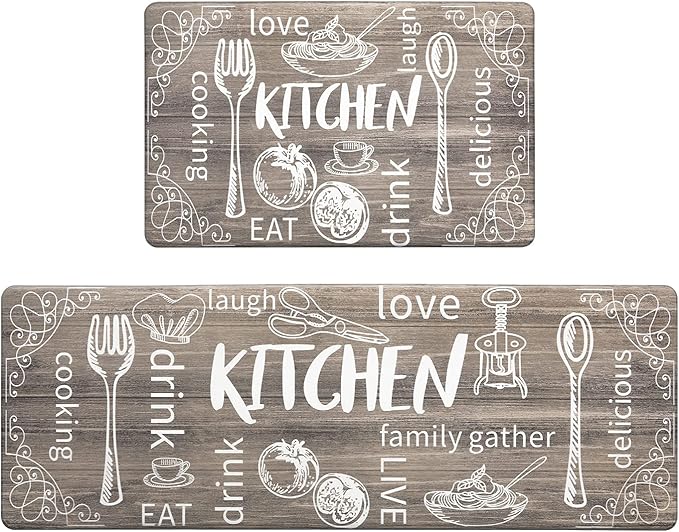 HEBE Kitchen Rugs Set of 2, Cushioned Anti Fatigue Kitchen Mats for Floor, Non Slip Waterproof Comfort Standing Desk Mat Carpet for Sink, Stove, Laundry Room, Brown