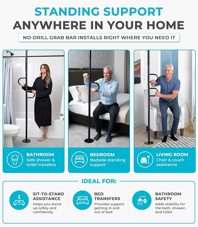 Stander Double Handle Non-Rotating Floor to Ceiling Grab Bar, No-Drill Tension Mounted Transfer Pole for Seniors, Bath Safety & Bedside Assist Rail for Home Standing Support & Fall Prevention, Black