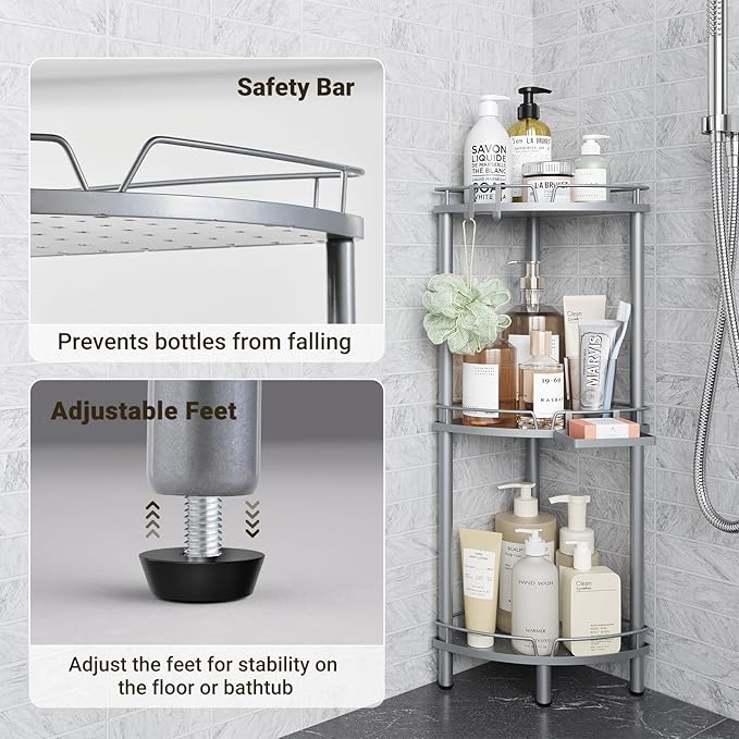 ELYKEN Corner Shower Caddy Standing, 3 Tier Rustproof Metal Shower Organizer with Soap Holder, Floor Shower Corner Shelf Rack Storage Stands with Adjustable Feet & 2 Hooks for Bathroom, Silver