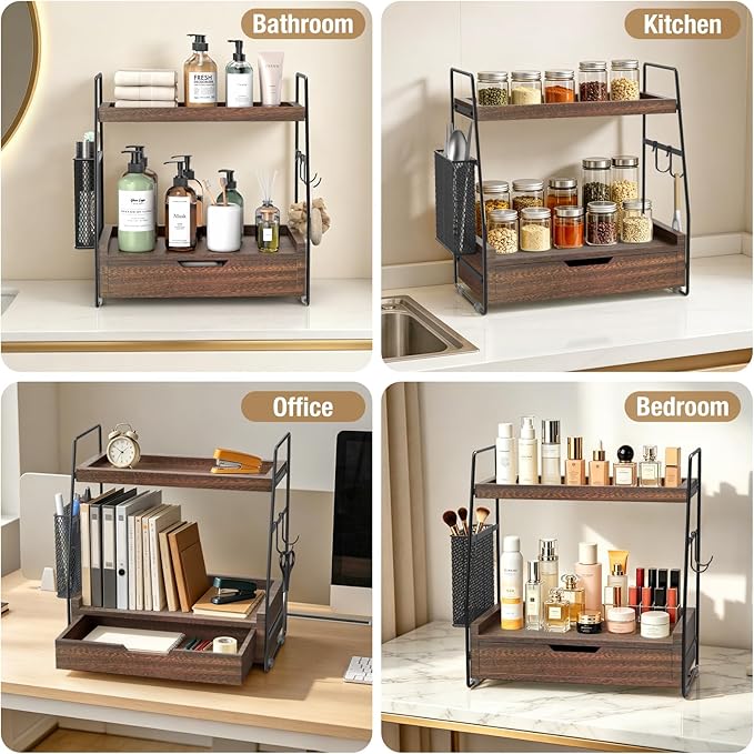 2-Tier Bathroom Counter Organizer with Drawer and Removable Basket, Wood Vanity Countertop Storage for Perfume, Makeup, Skincare, Bathroom Counter Shelf, 13" x 7.9" x 14.5", Dark Brown