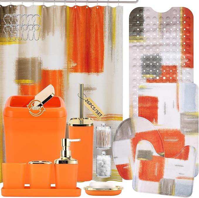 XLHOMO Bathroom Accessories Set - 26PCS Orange Bathroom Set, Luxury Bathroom Accessory Set with Shower Curtain and Rugs and Bathtub Mats for Home