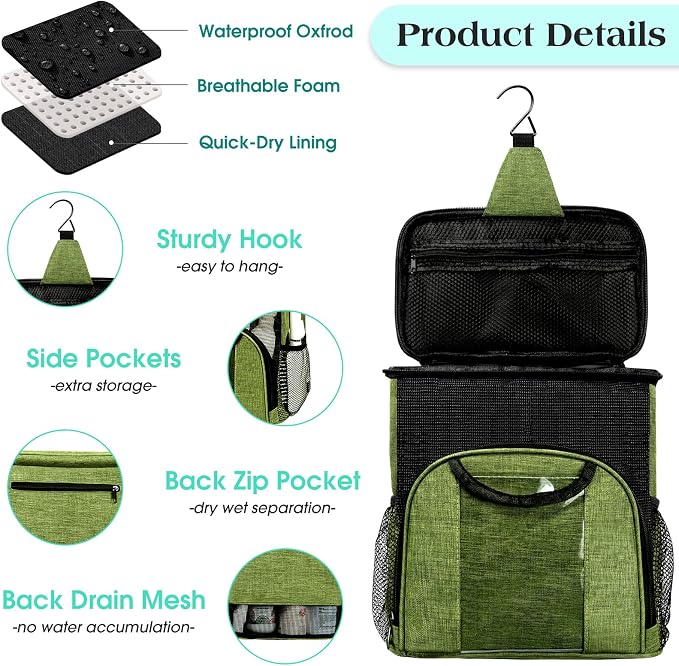 Attmu Portable Shower Caddy College Tote Bag, Quick Dry Hanging Toiletry Bag, Large Capacity Mesh Shower Caddy Portable for College Dorm Room Essentials for Boys and Girls for Bath Camping (Green)