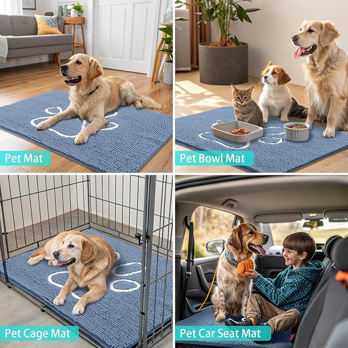 Smiry Dog Door Mat for Muddy Paws, Absorbent Dirt Trapper Non Slip Quick Dry Washable Chenille Mat for Mud Dogs, Entry Rug for Indoor and Outdoor (36x24 Inches, Airy Blue and White)