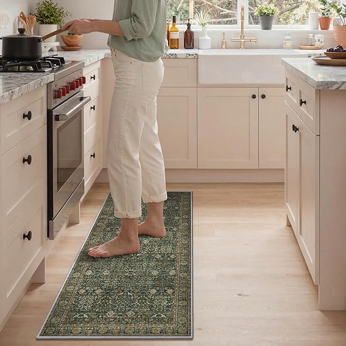 GENIMO Kitchen Rugs Non Slip Washable, 2PCS Kitchen Mats for Floor, Cushioned Standing Mat, Kitchen Runner Rug Floor Mat for Kitchen Decor, Laundry, Sink, Home, 20"x32"+20"x48", Dark Green/Multi