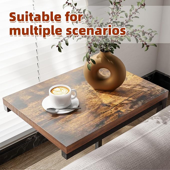 Simple Trending C Shaped End Table, TV Tray for Couch, Small Side Table with Metal Frame, for Living Room Bedroom, Rustic Brown
