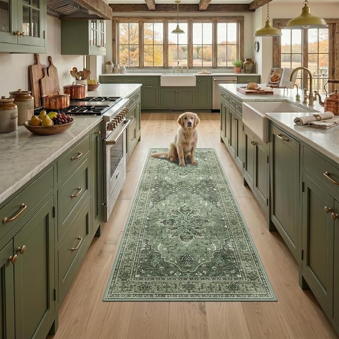 RELEANY Area Rugs Runner 2'x5' Washable Non-Slip, Floral Vintage Distress Medallion Carpet for Kitchen Hallway Bedroom Beside Laundry Room Bathroom, Dark Green Gray