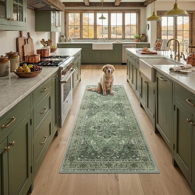 RELEANY Area Rugs Runner 3'x6' Washable Non-Slip, Floral Vintage Distress Medallion Carpet for Kitchen Hallway Bedroom Beside Laundry Room Bathroom, Dark Green Gray