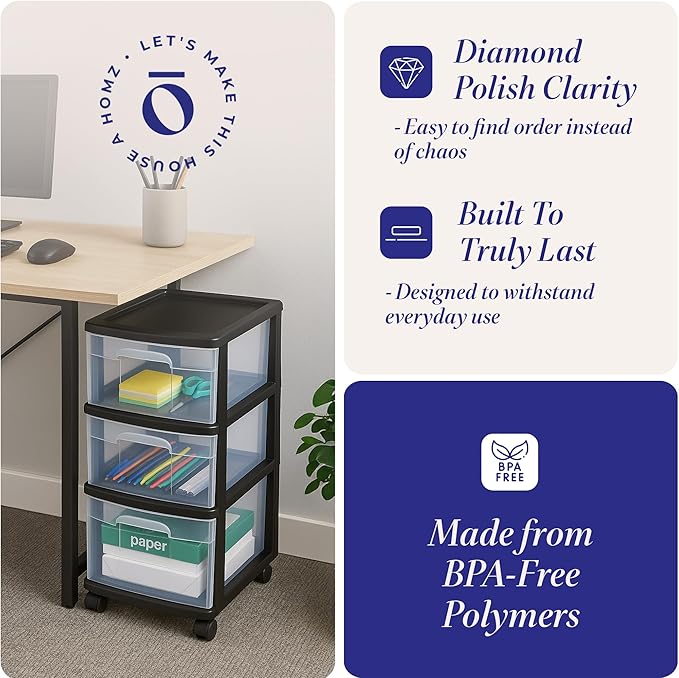 HOMZ 2-Pack Drawer Tower, 3-Tier Clear Plastic Storage Organizer Cart, Black Frame - Organizing Containers with Wheels for Home, Bathroom, Bedroom, Office, and Classroom