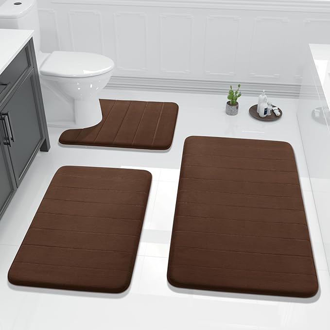 Yimobra 3 Pieces Memory Foam Bath Mat Set with U-Shaped Toilet Rug - Non Slip Super Soft Absorbent Quick Dry Bathroom Rugs for Bathtub, Vanity & Toilet Base, Brown
