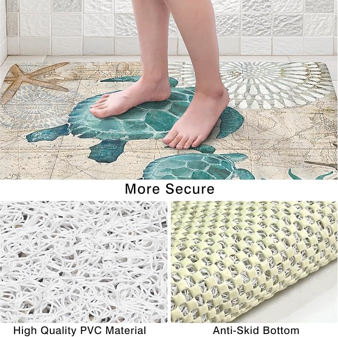 Sea Turtle Shower Mats for Inside Shower, Square Non Slip Bath Mat Cute Shower Matt for Bathroom Floor Easy Cleaning Loofah Bathmat, Quick Drying Textured Surface Shower Foot Scrubber Mat, 24″X24″