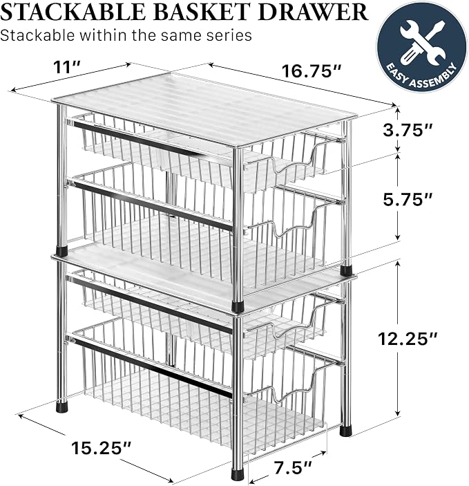Simple Houseware Stackable 2 Tier Sliding Basket Organizer Drawer, Chrome