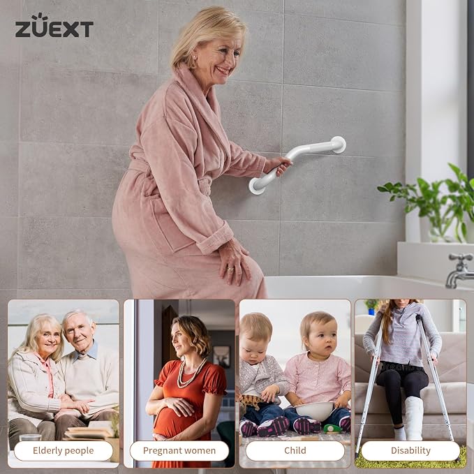16 Inch Angled Grab Bar, ZUEXT Anti Slip Shower Grab Bar Handles, White Stainless Steel Knurled Bathroom Balance Bar, Safety Hand Rail Support for Handicap Elderly Injury Senior - 1.25" Diameter