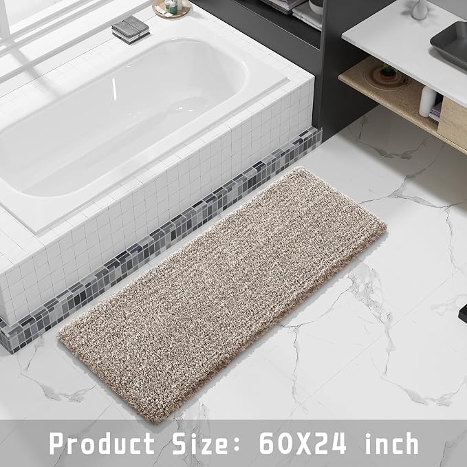 Yimobra Luxury Bathroom Rugs, Fluffy Bath Mats, Non Slip, Water Absorbent Microfiber, Machine Washable, Plush Runner Shower Rugs, Thick Matts for Bathroom Floor&Tub, 60" X 24", Light Brown and White