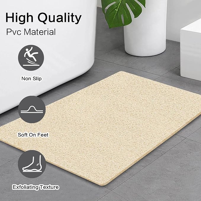 SONGZIMING Shower Mat Non Slip Without Suction Cup, 32x17 Inch PVC Loofah Shower, Bath, Tub Mat with Drain for Textured Surface, Quick Drying (Beige)