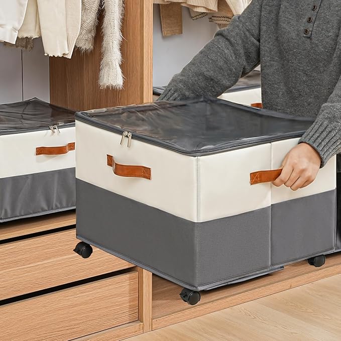 INSTY 2 Pack Shoe Organizer for Closet,Shoe Storage Organizer with Wheels, Fits up to 32 Pairs,Adjustable Dividers,Fabric Shoe Storage Bins with Clear Cover,Beige and Grey