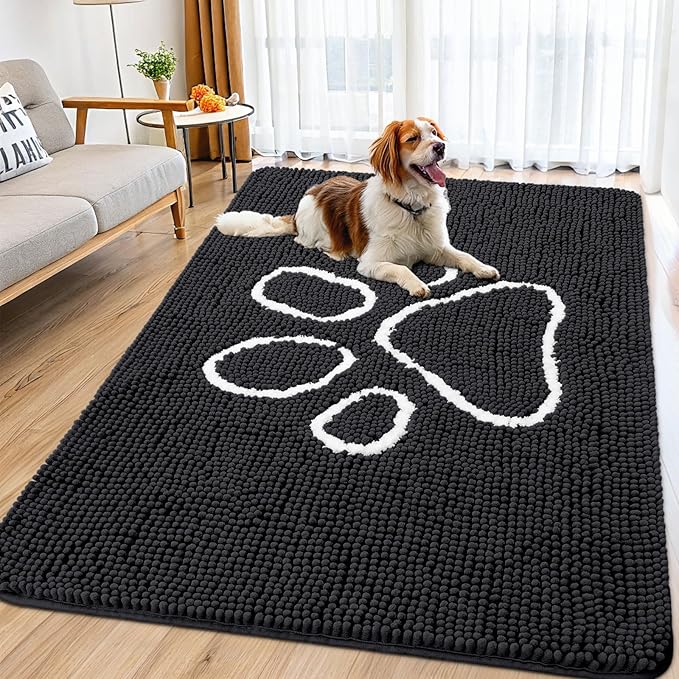 Smiry Dog Door Mat for Muddy Paws, Absorbent Dirt Trapper Non Slip Quick Dry Washable Chenille Mat for Mud Dogs, Entry Rug for Indoor and Outdoor (71x46 Inches, Black and White)