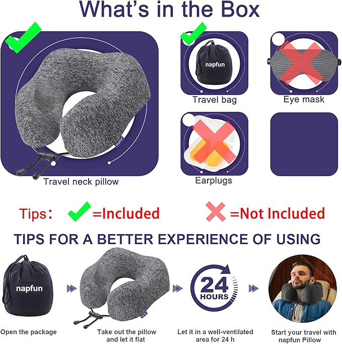 napfun Neck Pillow for Traveling, Upgraded Travel Neck Pillow for Airplane 100% Pure Memory Foam Travel Pillow for Flight Headrest Sleep, Portable Plane Accessories, Full Grey