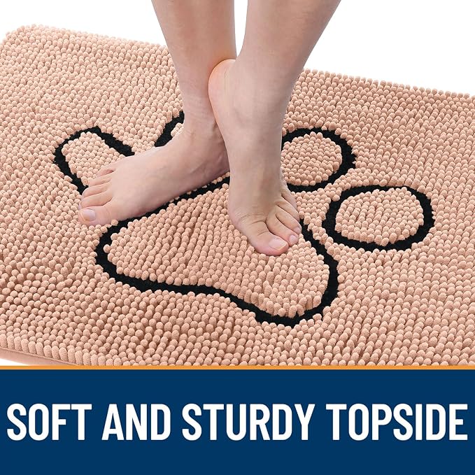 OLANLY Dog Door Mat for Muddy Paws 48x30, Paw Print Design, Absorbs Moisture and Dirt, Absorbent Non-Slip Washable Doormat, Quick Dry Chenille Mud Mat for Dogs, Entry Indoor Entryway Carpet, Peach