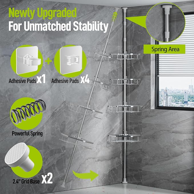 LAMU Shower Caddy Corner Tension Pole, Stainless Steel Shower Organizer, Strong Spring, 5 Adhesive Pads, 2.4 in Non-Slip Grid Base, Adjustable 4-Tier Basket, 4 Hooks, Fits Heights 37.8-124 in, Silver