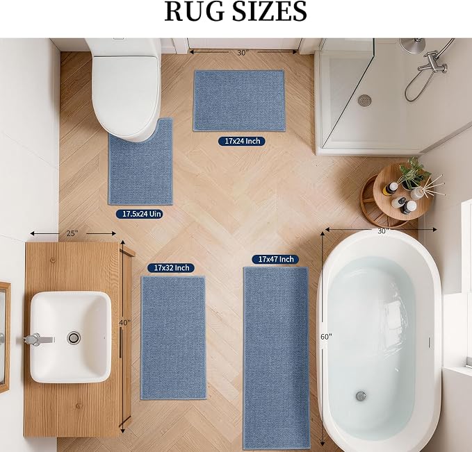 YIHOUSE Navy Blue Bathroom Rugs Sets 4 Piece, Quick Dry Thin Bath Mat with Toilet Rug, Non Slip Absorbent Machine Washable, Bath Runner Rugs for Bathtub Sink Home Decor