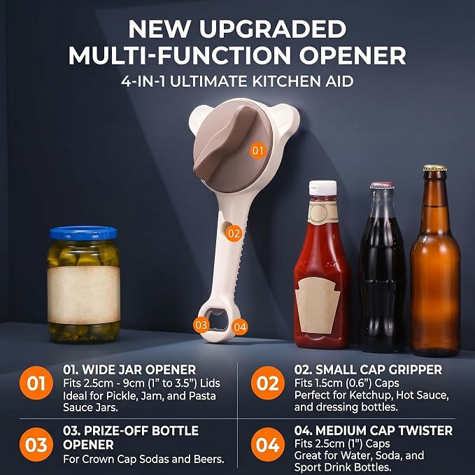 4 in 1 Multi-Purpose Jar Opener, Adjustable 3-Claw Lid Gripper & Bottle Cap Remover Tool for Seniors, Easy Open Jars, Cans, Bottles for Kitchen and Home Use