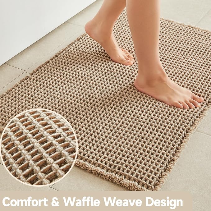 TYUU Waffle Bath Mat, Boho Bathroom Rugs Non Slip Washable Super Absorbent Quick Dry Bath Mat Farmhouse Bathroom Decor, 36"x24" Beige