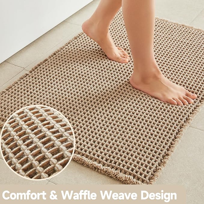 TYUU Waffle Bath Mat, Boho Bathroom Rugs Non Slip Washable Super Absorbent Quick Dry Bath Mat Farmhouse Bathroom Decor, 24"x16" Beige