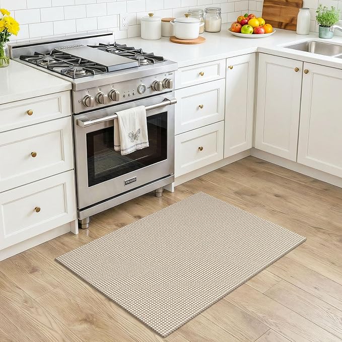 KOZYFLY Indoor Door Mat 2x3 ft Small Area Rugs Washable Front Door Mat Non Slip Rubber Backed Entryway Rug Cotton Entrance Doormat for Front Porch Bathroom Kitchen Bedroom, Ivory/Camel/Brown