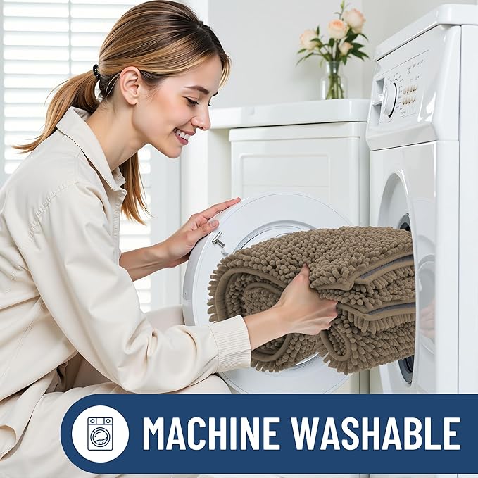 Smiry Bathroom Rugs Sets 2 Piece, Soft Absorbent Chenille Machine Washable Non Slip Shaggy Bath Rug Set for Tub, Shower, and Floor (47x20+30x20, Camel)