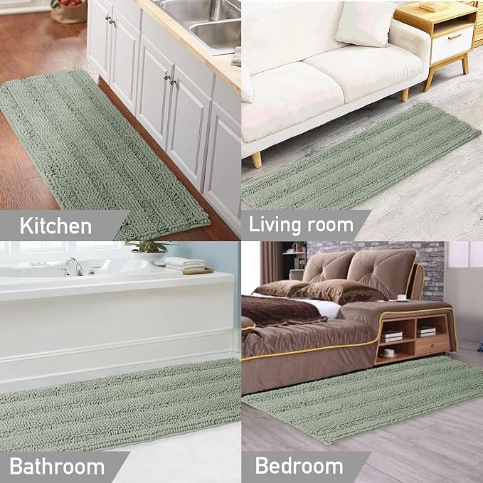 Turquoize Sage Green Bathroom Rugs Runner Extra Long 47 x 17 Large Bath Mat Plush Shaggy Chenille Bathroom Rug Non-Slip Bath Rug Runner Extra Soft & Absorbent Thick Floor Mats, Machine Washable, Sage