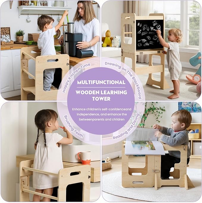 labebe Toddler Standing Tower for 12M+, Montessori Foldable Learning Standing Tower with Blackboard, Anti-tip Structure Design,Wooden Kitchen Step Helper Stool for 1-3 Year Old Boy Girl Gift