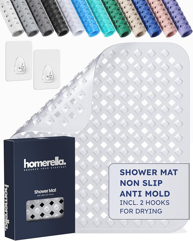 homerella® Shower Mat Non Slip Anti Mold, Non Slip Shower Mats for Inside Shower Stall Anti Slip Mat, Square Shower Floor Mat 21 x 21 in with Suction Cups & Hooks for Quick Drying, Machine Washable