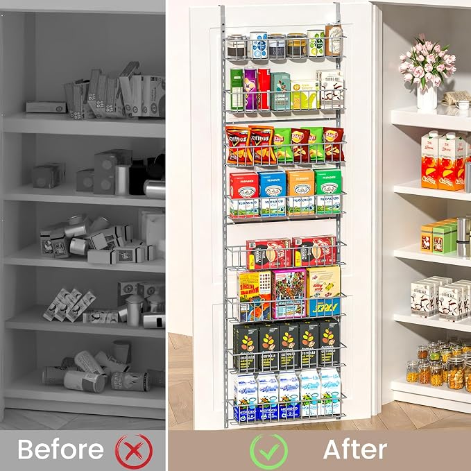 ElegantArray 8-Tier Pantry Door Oragnizer, Over The Door Pantry Organizer Rack and Storage, Hanging Spice Rack Shelves Door, Home Office Laundry Room Bathroom & Kitchen Organization, Light Gray