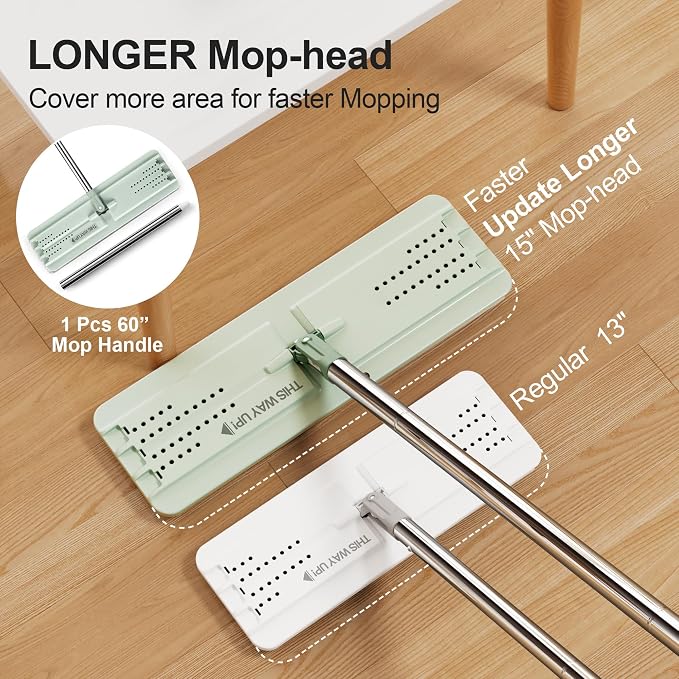 JOYMOOP Flat Mop System, Microfiber Mop and Bucket Set, Green, Commercial & Household Floor Cleaning Mop with Long Handle, Includes 3 Reusable 15" Pads