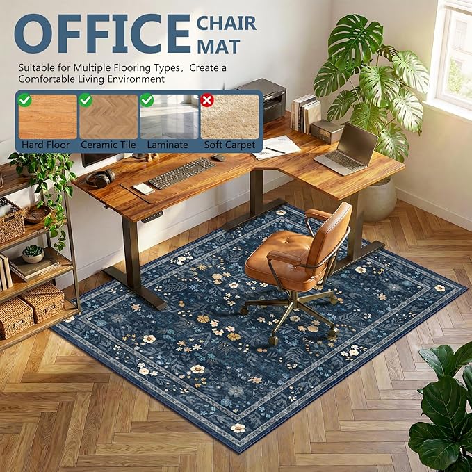 Office Chair Mat for Hardwood Floor & Tile Floor,36"X 48" Heavy Duty Desk Chair Mat for Hard Floors, Under Desk Rug for Rolling Computer Chair,Anti Slip,Low Pile Carpet Floor-Dark Blue Floral Print