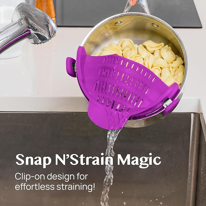 Kitchen Gizmo Snap N Strain Pot and Pasta Strainer - Strainers and Colanders - Adjustable Silicone Clip On Strainer for Pots, Pans, and Bowls - Kitchen Colander - Purple (Pack of 2)