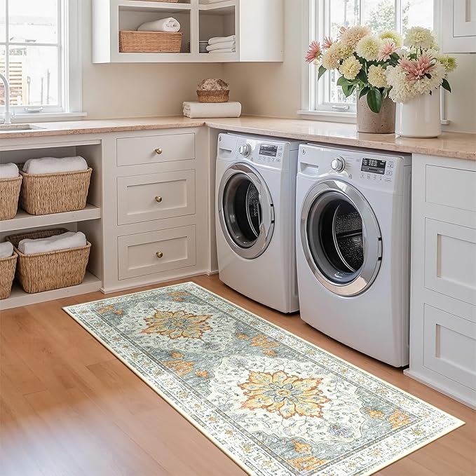 RELEANY Area Rugs Runner 2'x5' Washable Non-Slip, Floral Vintage Distress Medallion Carpet for Kitchen Hallway Bedroom Beside Laundry Room Bathroom, Beige Carbon Grey Orange