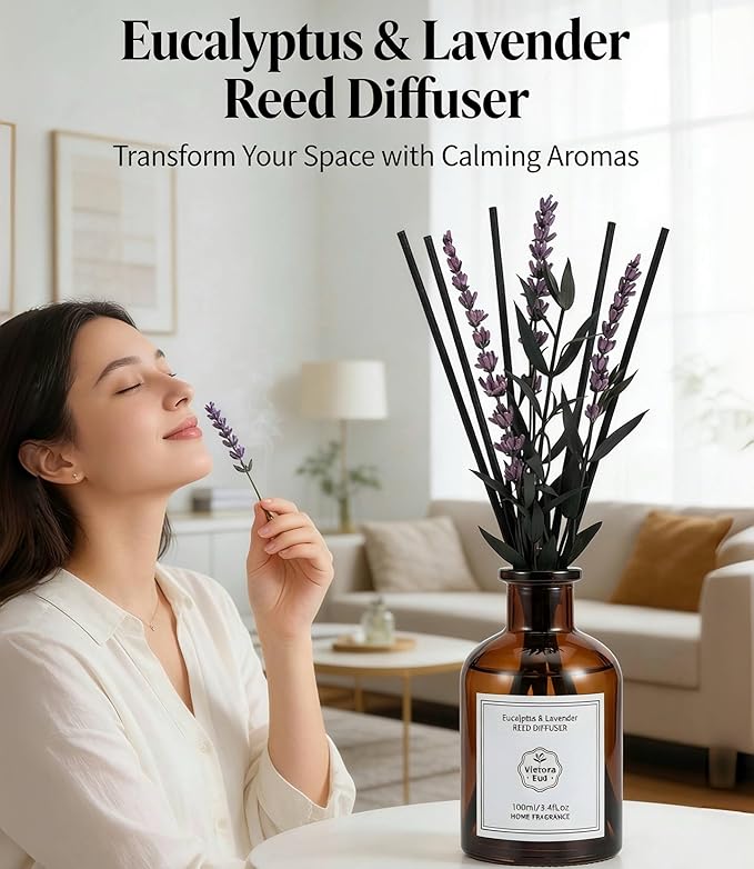 Eucalyptus & Lavender Essential Oil Reed Diffuser - 3.34 Fl Oz, Luxury Hotel Collection Diffuser Oil Inspired by Ritz Carlton for Home&Office, Bedroom/Living Room Shelf Decor,Non-Toxic & Gift Ready