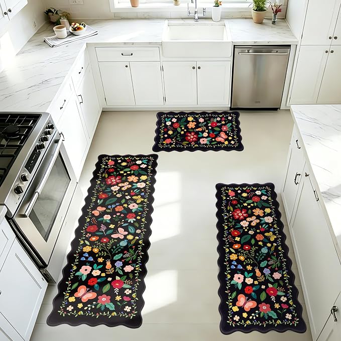 Kitchen Rugs Set of 3, Black Vintage Floral Scalloped Anti Fatigue Mats, Cushioned Non Slip PVC Floor Rugs, Comfort Standing Kitchen Floor Mats for Sink Laundry Office Home, 18x30, 18x48,18x60 Inch